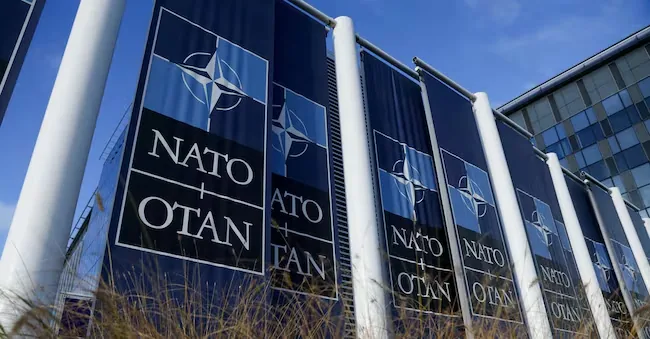 Banners hung outside NATO headquarters ahead of the alliance's foreign ministers' meeting in Brussels, Belgium, November 28, 2023. REUTERS/Yves Herman/REUTERS file photo