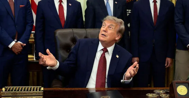 U.S. President Donald Trump gestures as he makes an announcement on American nuclear innovation, in the Oval Office of the White House in Washington, D.C., U.S., July 24, 2026. REUTERS/Evelyn Hockstein TPX IMAGES OF THE DAY REUTERS