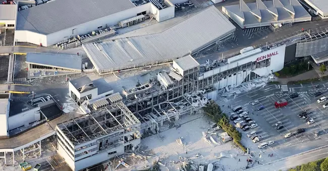 An aerial view shows the Aeon Mall shopping center damaged following the preliminary magnitude 7.1 earthquake that struck the southern Kumamoto prefecture in Japan, in the city of Kashima, on July 28, 2026. Kyodo/via REUTERS  via REUTERS