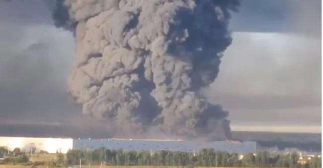 Smoke rises from a warehouse following deadly attacks carried out by Ukrainian drones, according to regional governors, in Elektrostal, Moscow region, Russia, on July 18, 2026, in this screenshot taken from a video posted on social media. Social media/via REUTERS  Social Media via REUTERS