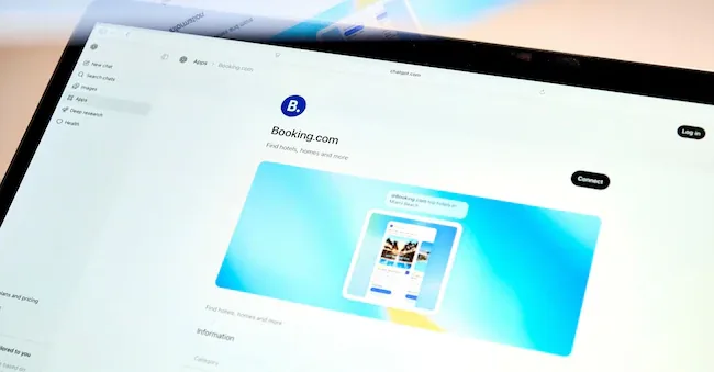 The Booking.com mini-app in the ChatGPT app displayed on a laptop in Forest Hills, New York, United States, Friday, March 27, 2026. Last year, OpenAI unveiled an ambitious plan to allow brands to launch mini-apps within ChatGPT, enabling users to access their services without leaving the chatbot.  (Photographer: Gabby Jones/Bloomberg)