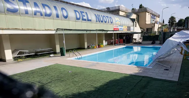 The Paolo Roghi swimming pool in Monterotondo, where a 5-year-old child died today while in the water with 15 other children participating in a summer camp, Rome 22 July 2026. ANSA/MASSIMO PERCOSSI (GENERIC, accident, illness, fallen, dead) ANSA