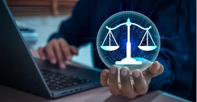 3D5NBP0 AI technology policy and law concept with digital justice scale hologram. Futuristic legal system, artificial intelligence in legal services, digital Alamy Stock Photo