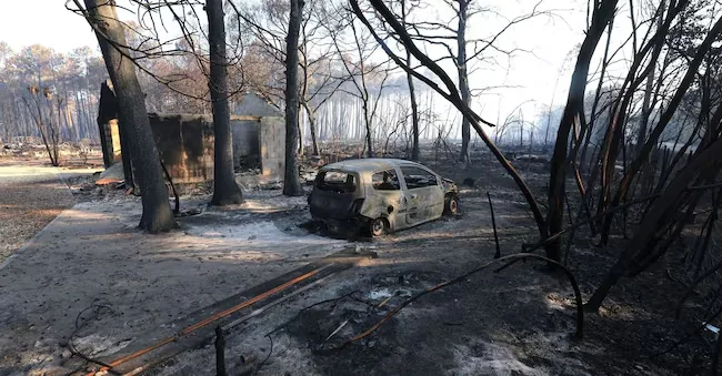 A burned car lies in an area affected by a forest fire in Le Porge, Gironde, in a drought context caused by a heatwave and water shortages in much of France, on July 28, 2026. REUTERS/Yves Herman REUTERS