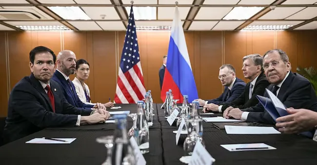 U.S. Secretary of State Marco Rubio, left, attends a meeting with Russian Foreign Minister Sergey Lavrov, right, on the sidelines of the Association of Southeast Asian Nations (ASEAN) foreign ministers' meeting held in Pasay, metropolitan Manila, Thursday, July 23, 2026. (Brendan Smialowski/Pool Photo via AP) APN