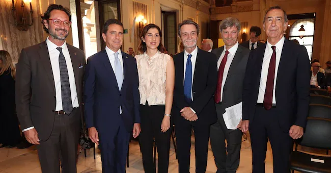 Presentation of the memorandum of understanding for the enhancement of the city of Milan on the occasion of Ces Unveiled Milan. From left: Alvise Biffi President of Assolombarda, Giovanni Bozzetti President of Fondazione Fiera Milano, Alessia Cappello Councillor of the Municipality of Milan, Attilio Fontana President of Regione Lombardia, Matteo Zoppas President of Ice, Giuseppe Sala Mayor of Milan. IMAGOECONOMICA