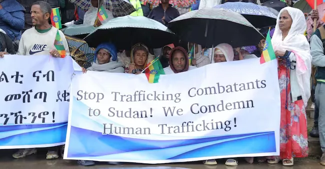 Some activists display banners and chant slogans during a demonstration organized by the Council for Peace and Change of Tigray in Meskel Square in Addis Ababa, Ethiopia, on July 18, 2026. Thousands of protesters gathered to demand the immediate end of forced recruitment and mobilization of youth for military purposes, emphasizing that the youth and the Tigray region must not be subjected to further cycles of conflict. EPA/STRINGER EPA