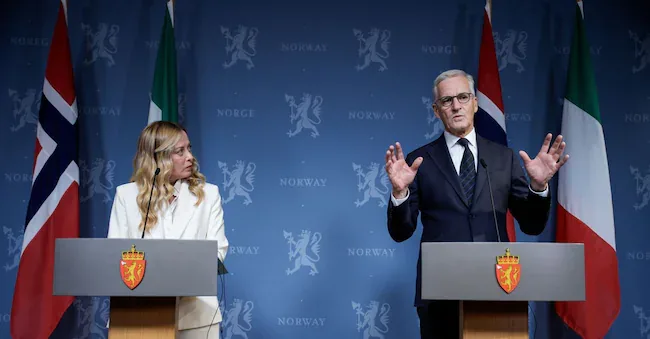 Norwegian Prime Minister Jonas Gahr Støre, right, and Italian Prime Minister Giorgia Meloni meet the press at Parkveien, Oslo, Norway, Thursday, September 17, 2026. (Stian Lysberg Solum/NTB Scanpix via AP) Stian Lysberg Solum/NTB Scanpix