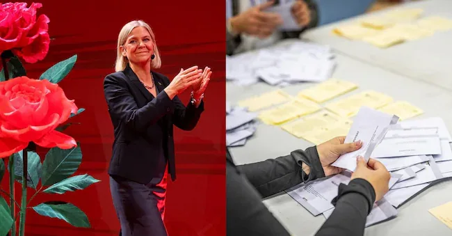 On the left: Magdalena Andersson, of the Swedish Social Democratic Party. (REUTERS/Denis Balibouse); while on the right: the envelopes containing the ballots are opened during the vote count. (EPA/Johan Nilsson)