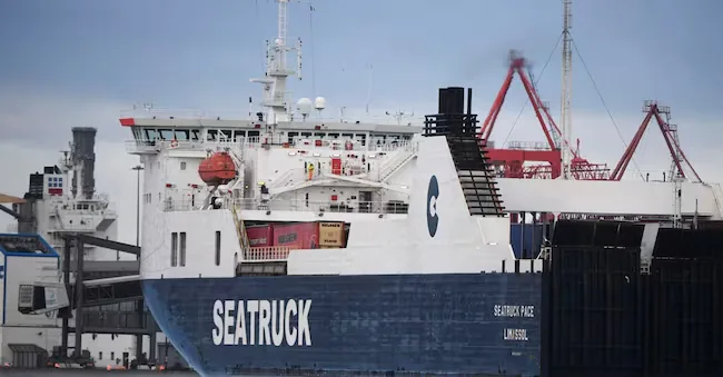 A cargo ship carrying RO/RO goods from the United Kingdom arrives at the port of Dublin, Ireland. EPA/AIDAN CRAWLEY EPA
