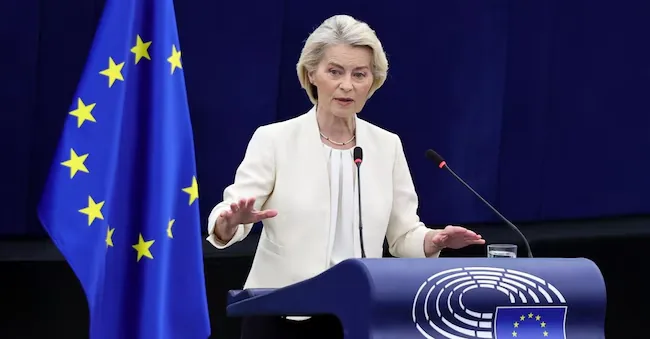 The President of the European Commission Ursula von der Leyen delivering the annual State of the Union speech on September 16, 2027, before the European Parliament in Strasbourg EPA/RONALD WITTEK