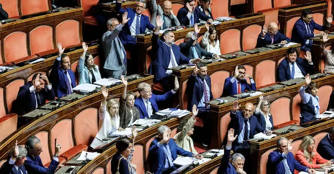 I senatori della maggioranza durante i lavori sulla legge elettorale, Roma, Venerdì 11 settembre 2026 (Foto Roberto Monaldo / LaPresse)  Senators of the majority during the debate on electoral law, Rome, Friday, September 11, 2026 (Photo by Roberto Monaldo / LaPresse) LAPRESSE